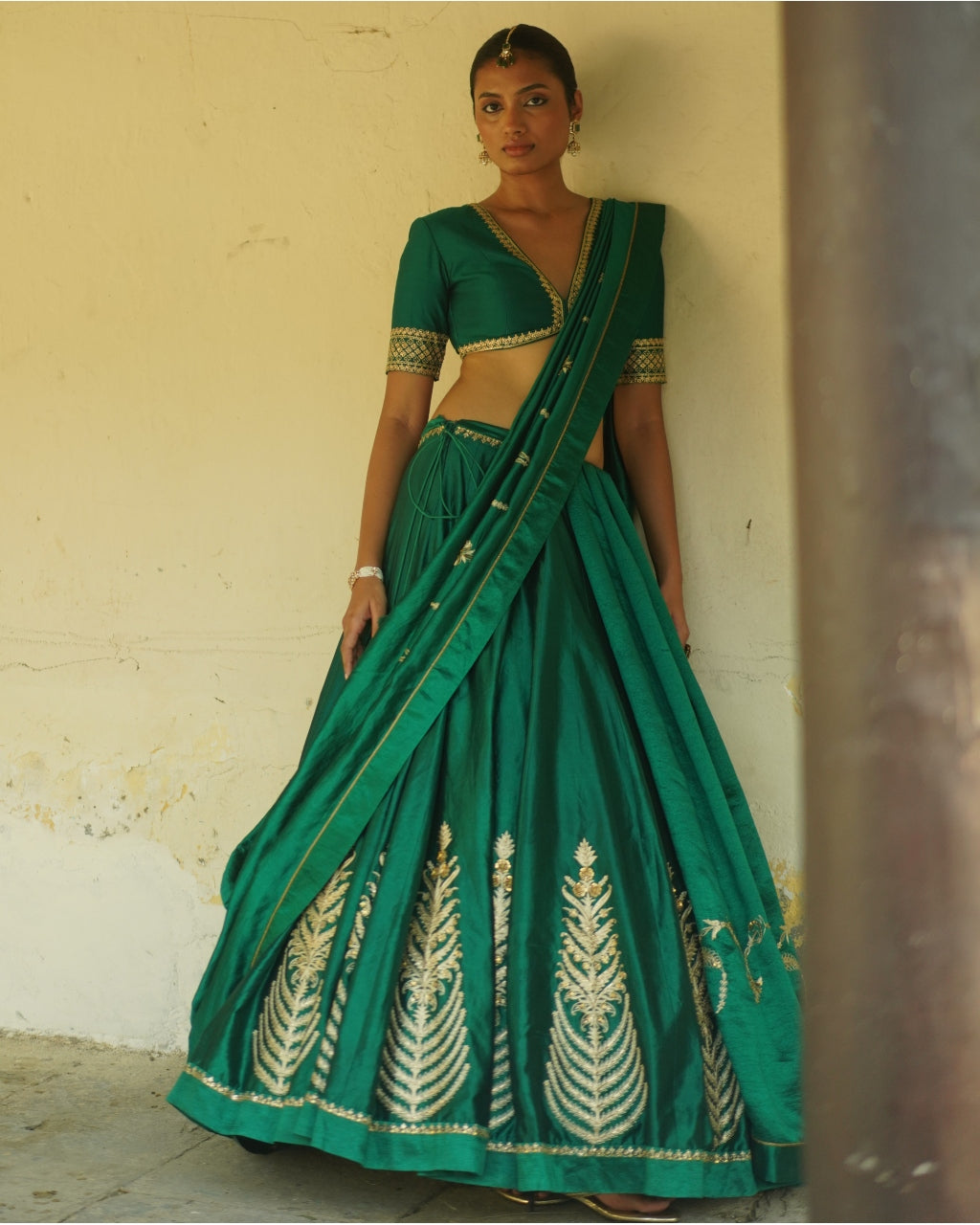 Emerald Green Embroidered Silk Lehenga Set