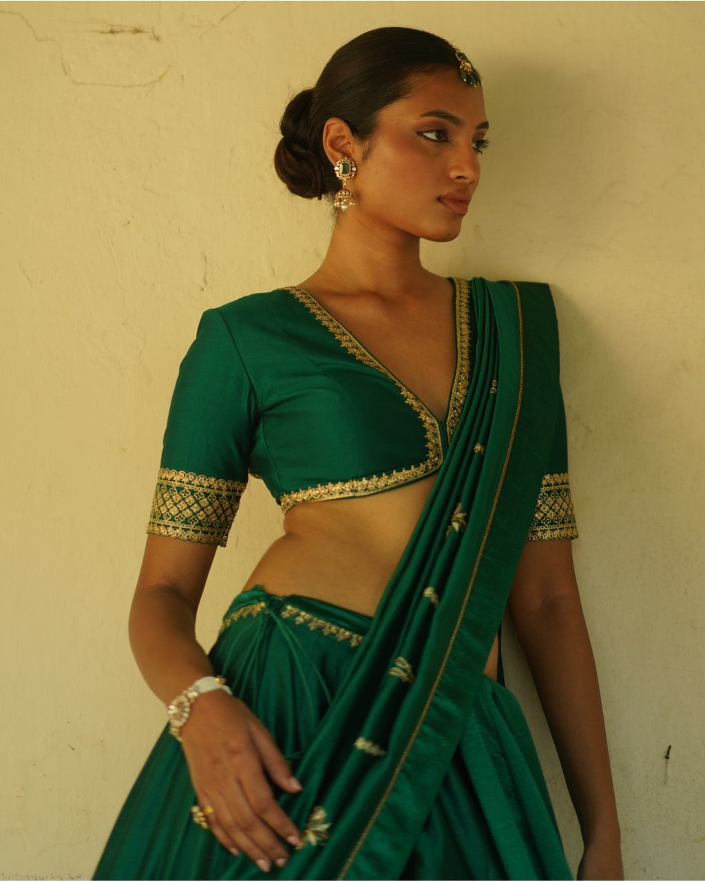 Emerald Green Embroidered Silk Lehenga Set
