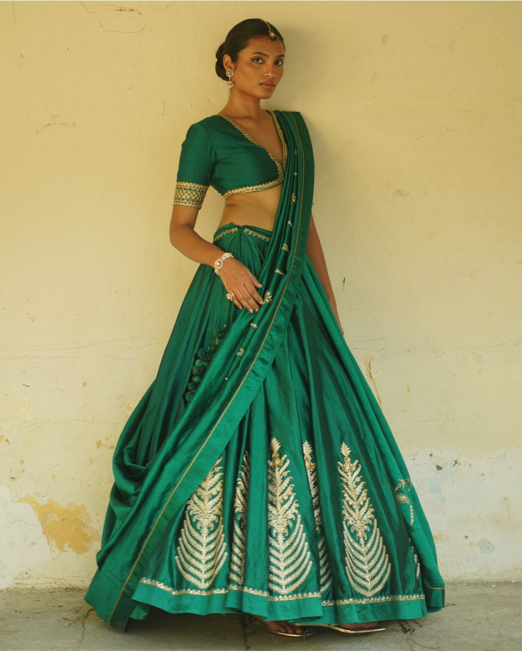 Emerald Green Embroidered Silk Lehenga Set