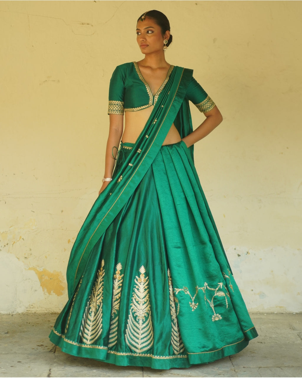 Emerald Green Embroidered Silk Lehenga Set
