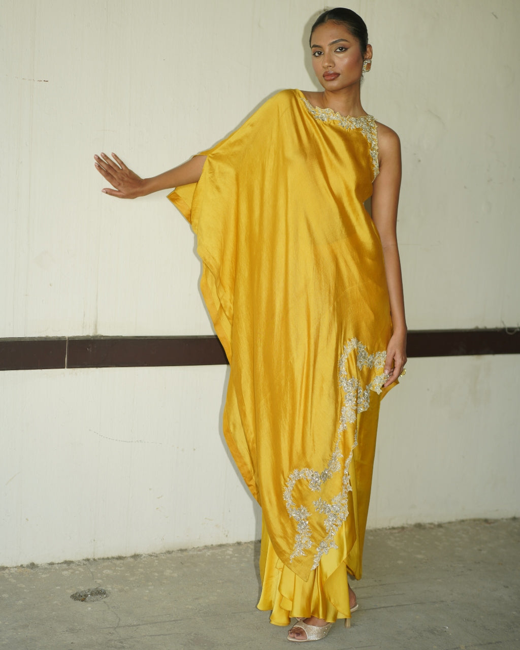 Mustard Yellow Embroidered One Shoulder Skirt Set