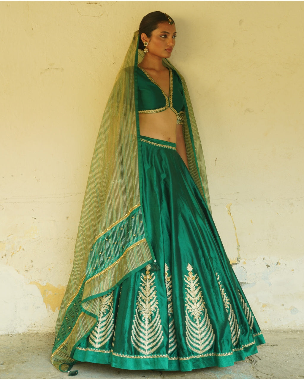Emerald Green Embroidered Silk Lehenga Set