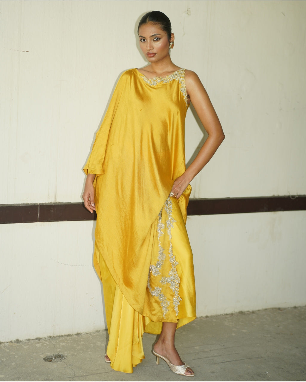 Mustard Yellow Embroidered One Shoulder Skirt Set