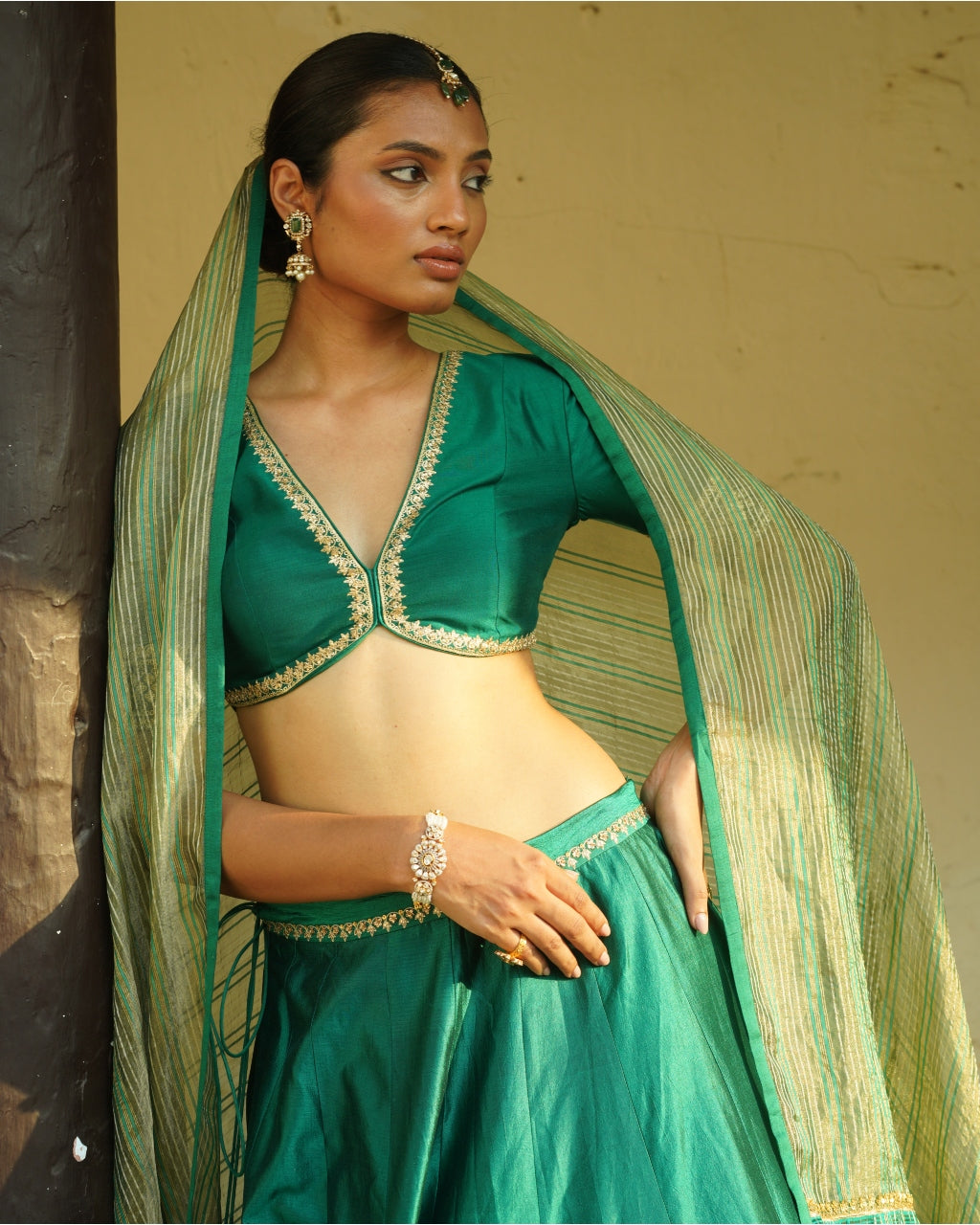 Emerald Green Embroidered Silk Lehenga Set