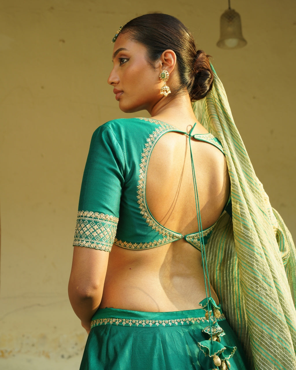 Emerald Green Embroidered Silk Lehenga Set