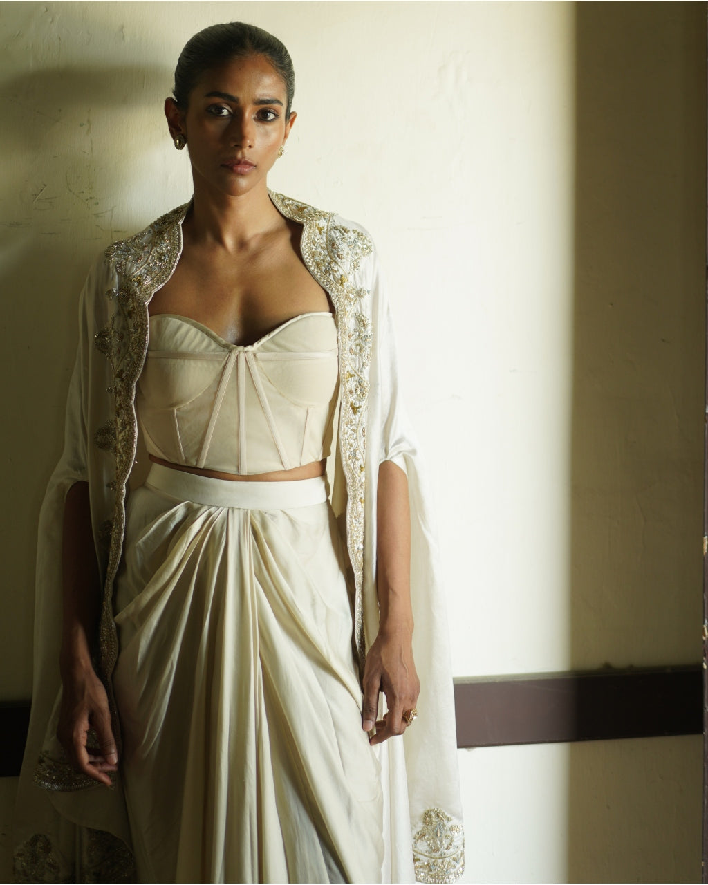 Ivory Silk Corset Cape Skirt Set