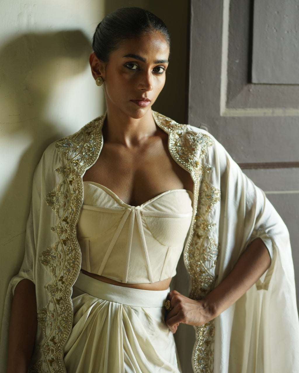 Ivory Silk Corset Cape Skirt Set