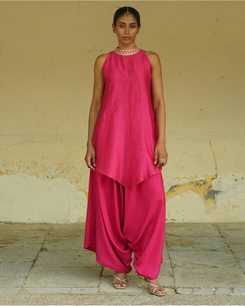 Fuchsia Embroidered Silk Halter Tunic Set