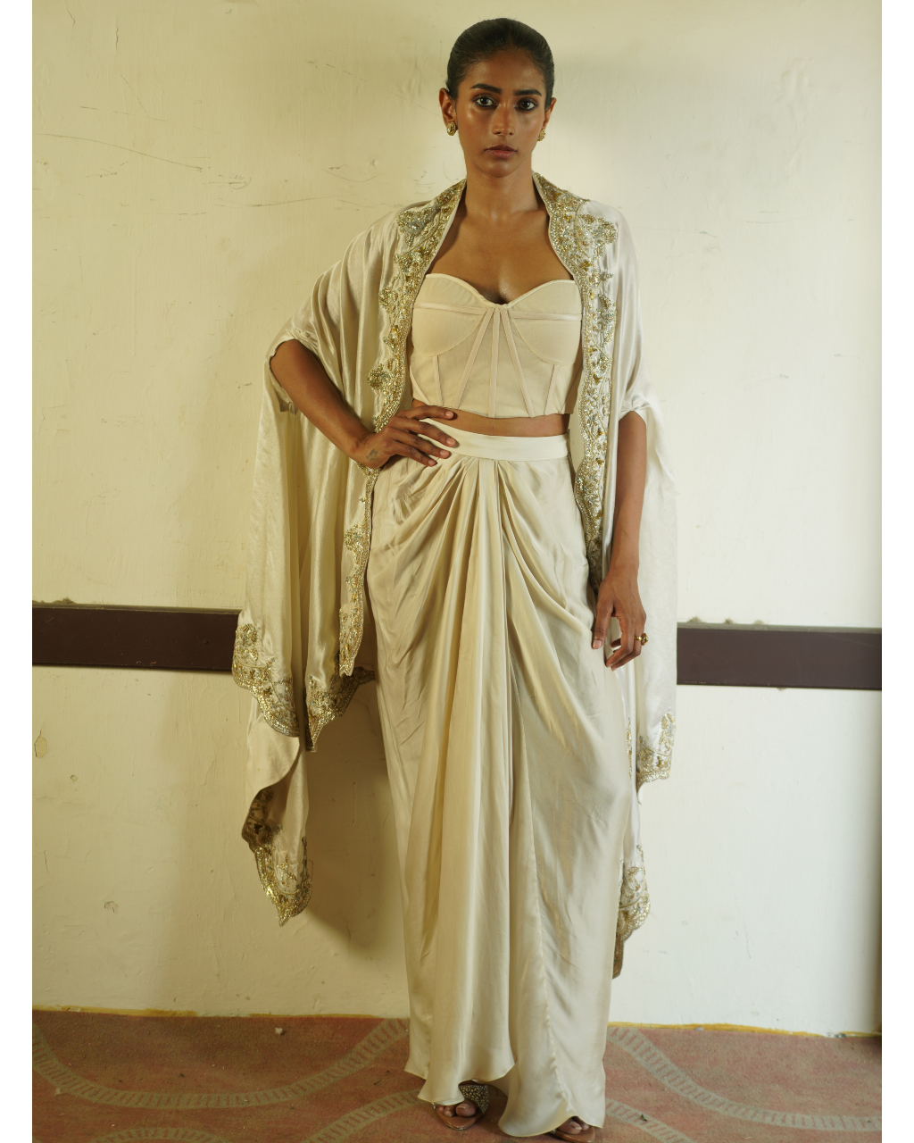 Ivory Silk Corset Cape Skirt Set