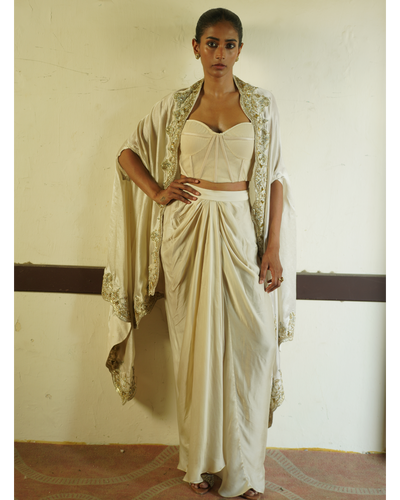 Ivory Silk Corset Cape Skirt Set