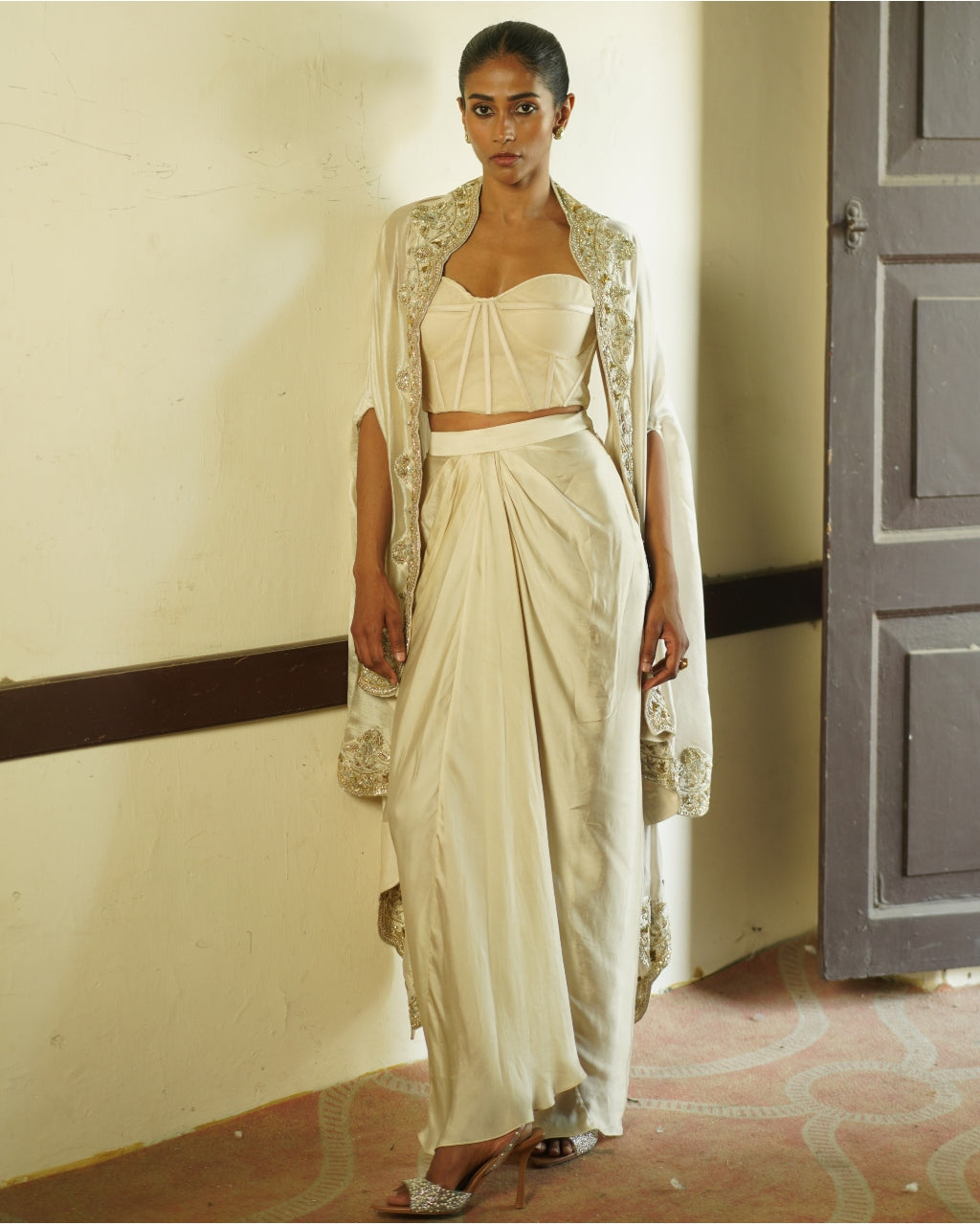 Ivory Silk Corset Cape Skirt Set