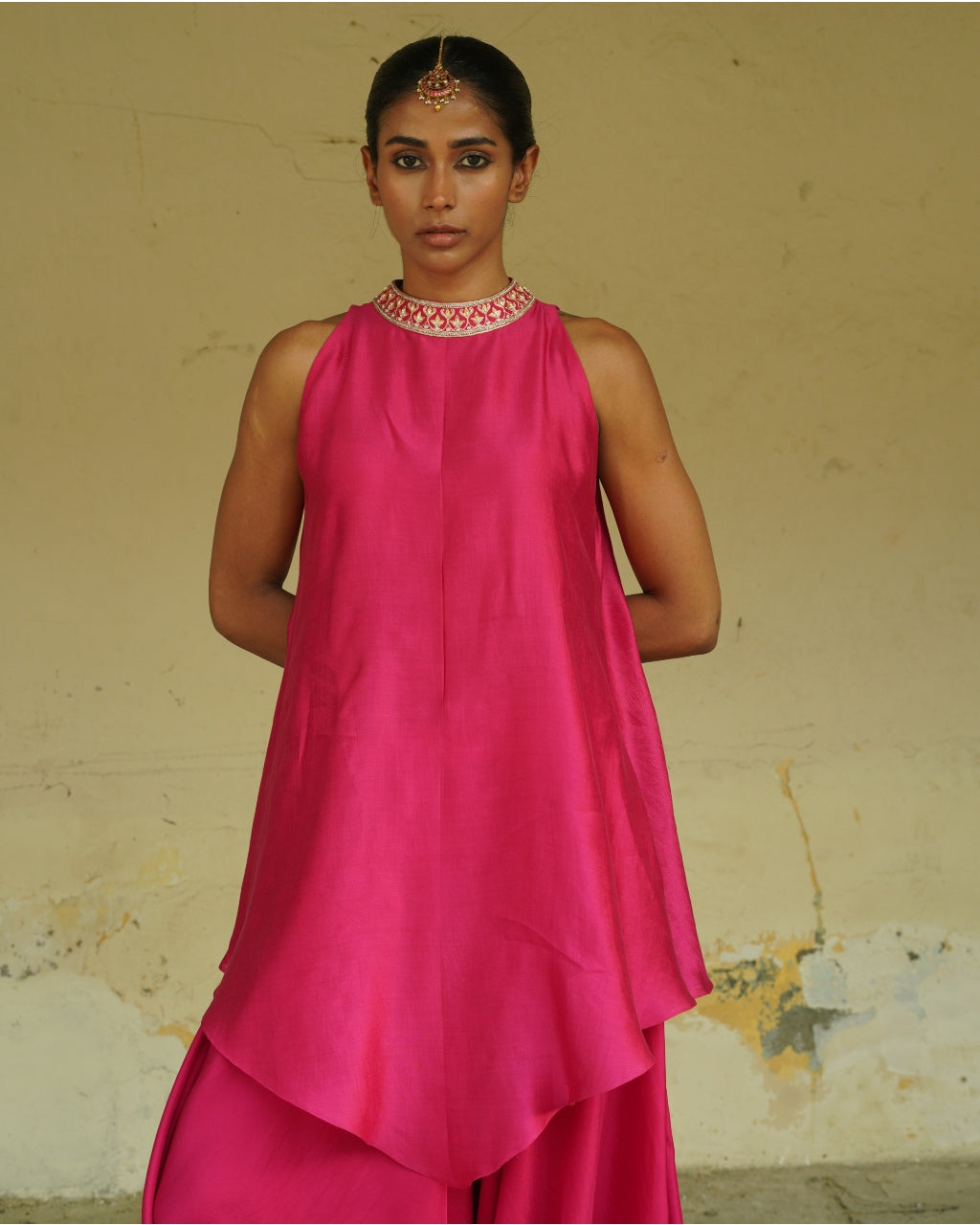 Fuchsia Embroidered Silk Halter Tunic Set