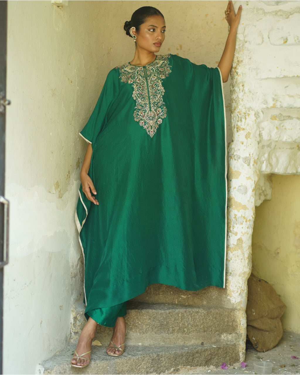 Emerald Green Embroidered Silk Kaftan