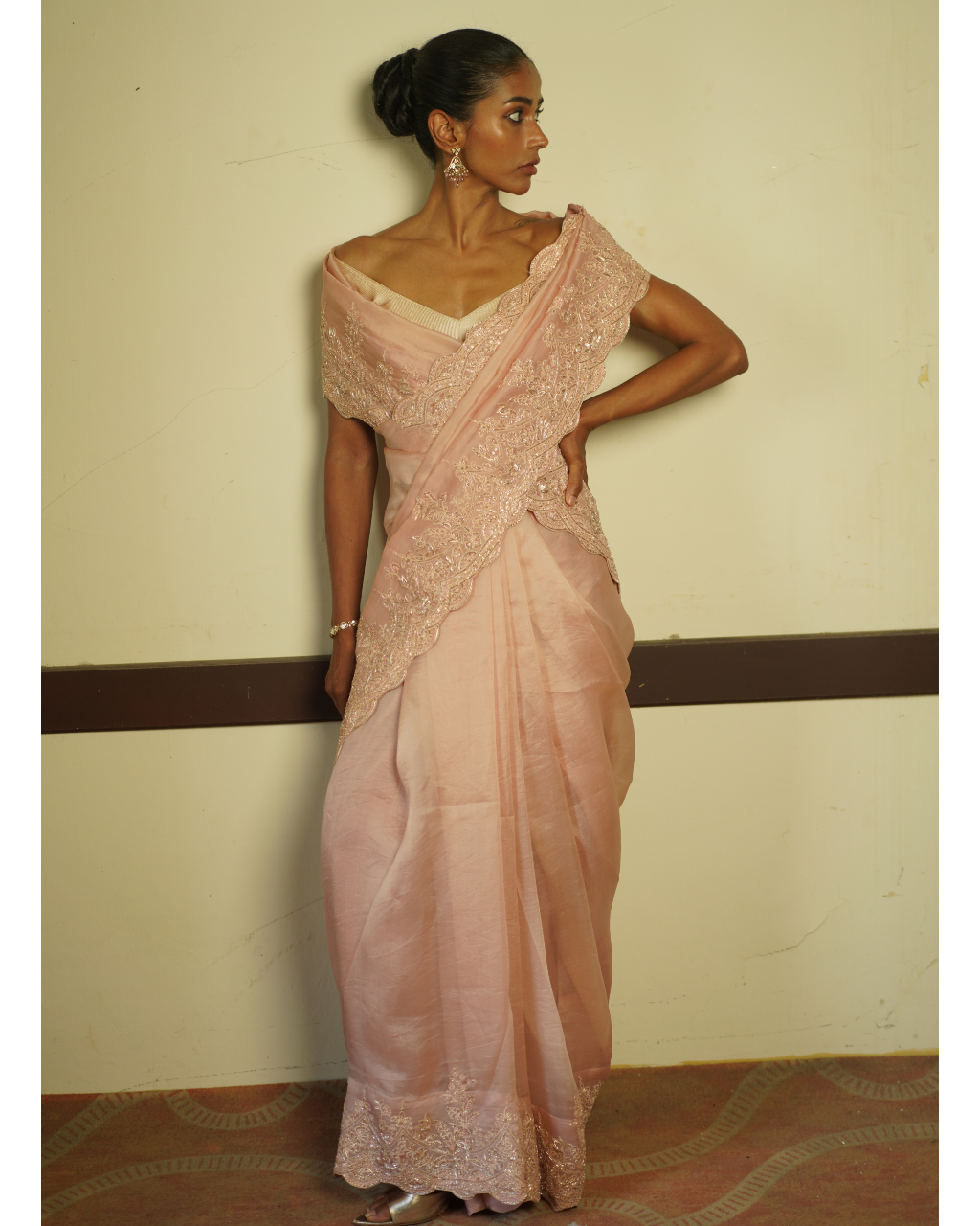 Blush Pink Embroidered Organza Sari