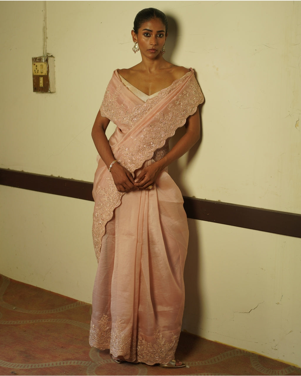 Blush Pink Embroidered Organza Sari