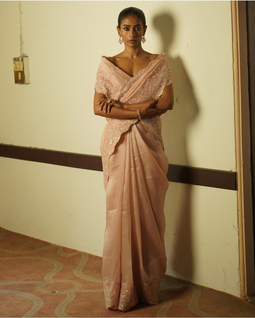Blush Pink Embroidered Organza Sari