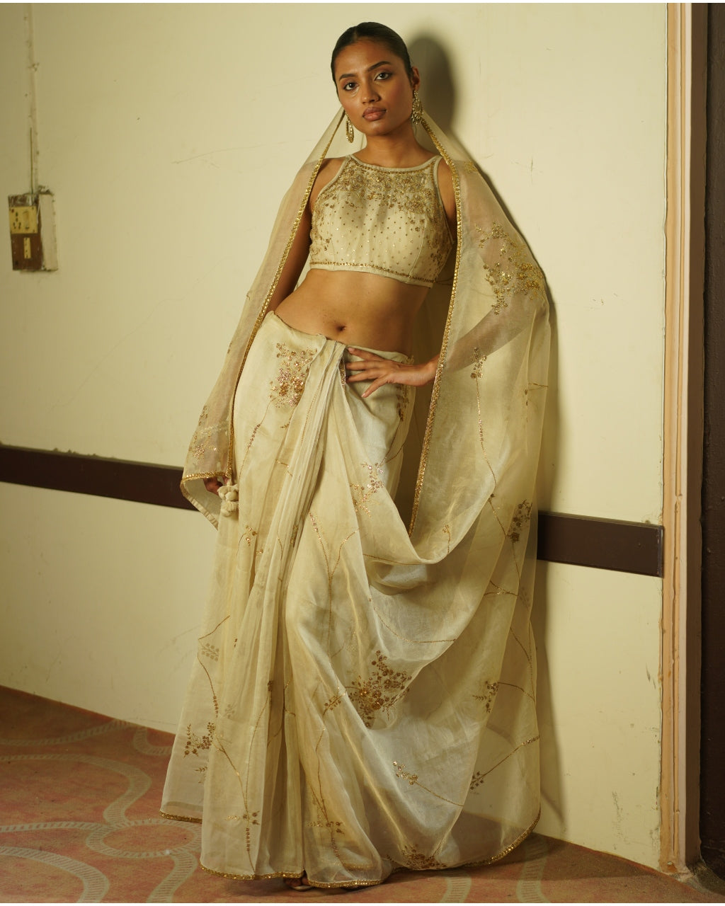 Ivory Embroidered Sari & Blouse Set
