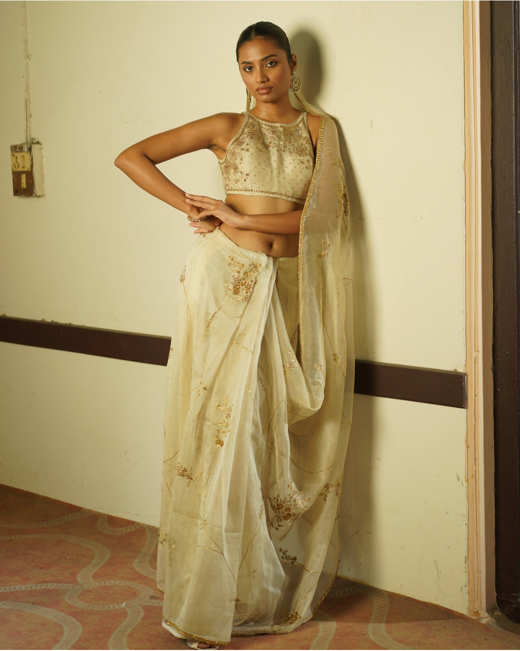 Ivory Embroidered Sari & Blouse Set