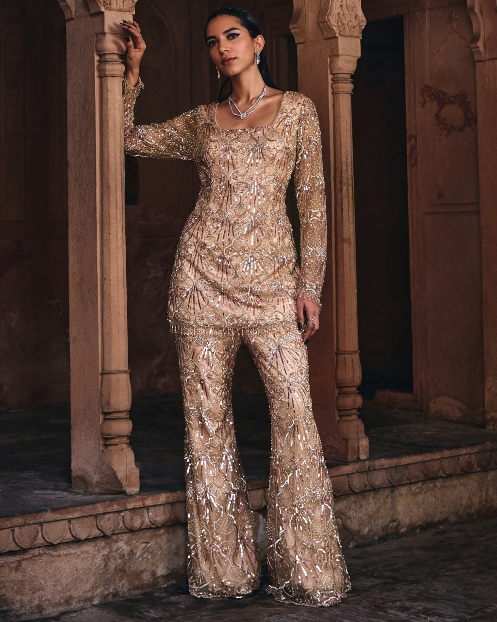 Razel Champagne Gold Embroidered Kurti Set