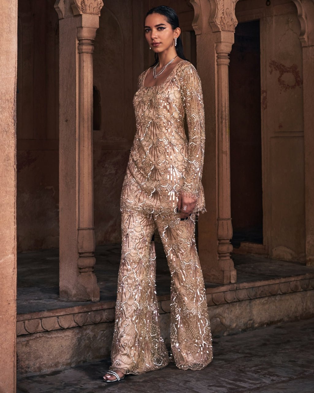 Razel Champagne Gold Embroidered Kurti Set