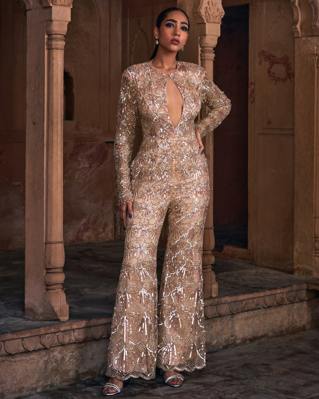 Champagne Gold Full Embroidered Jumpsuit