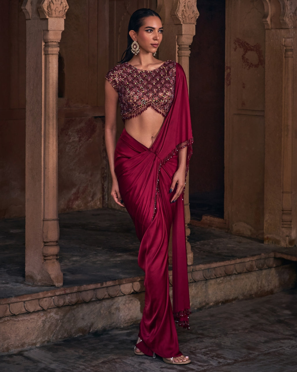 Rachel Maroon Embroidered Sari Set