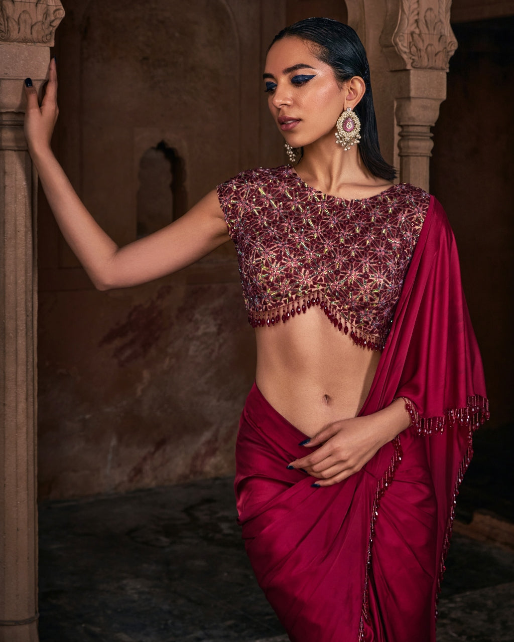 Rachel Maroon Embroidered Sari Set