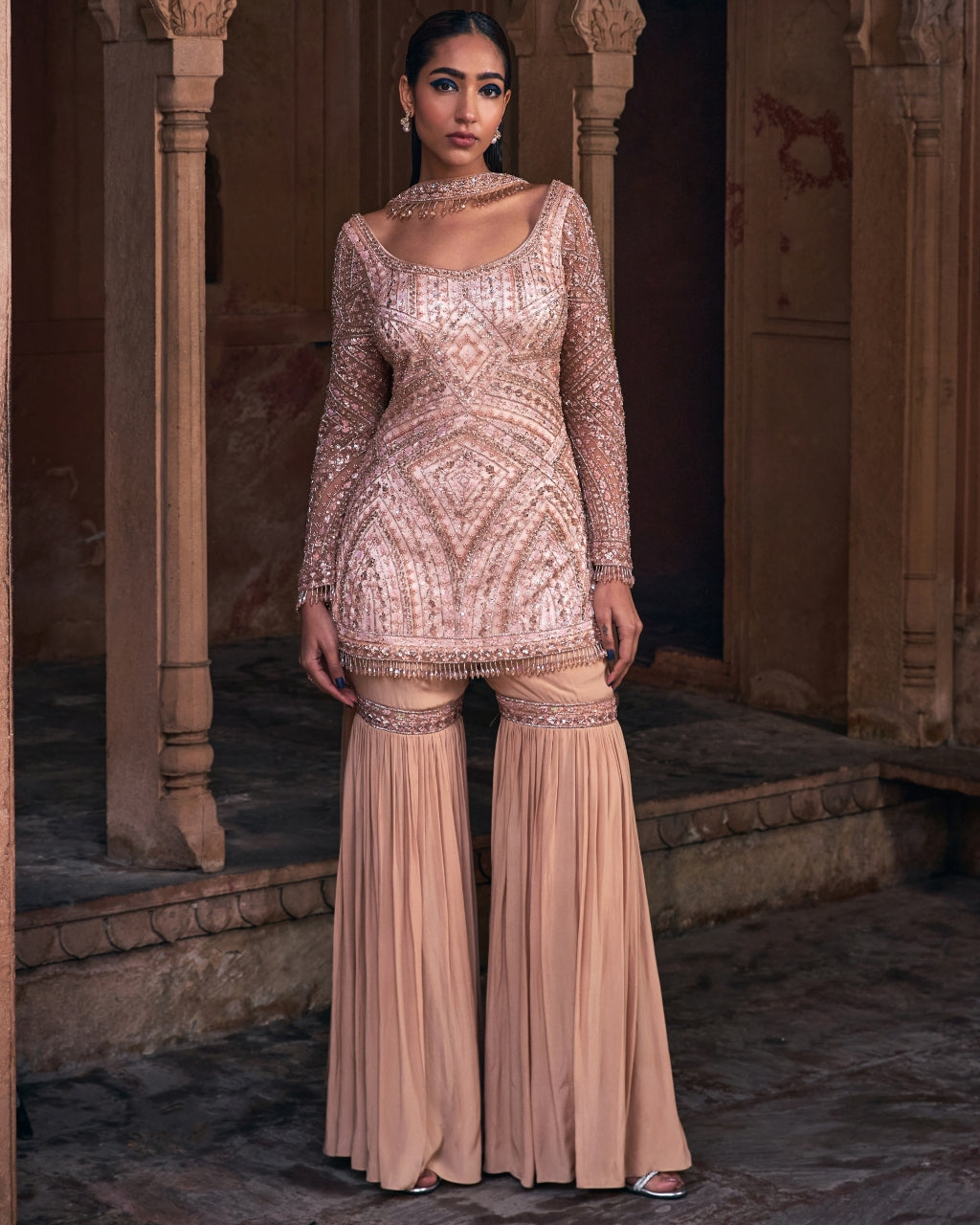 Endote Champagne Gold Embroidered Gharara Set