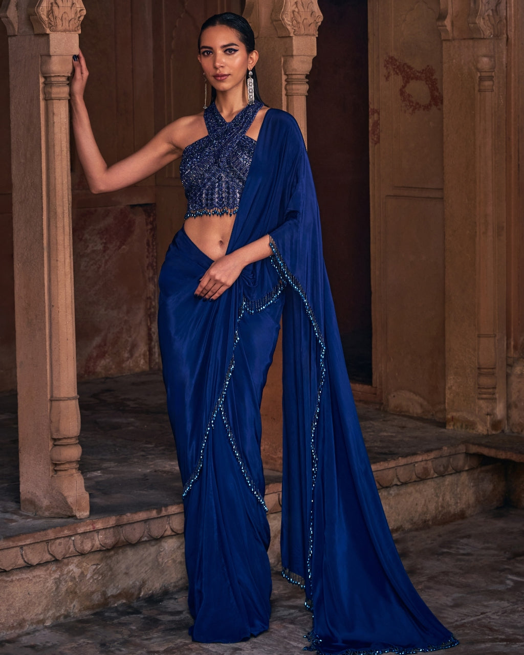 Rapunzel Dark Blue Embroidered Sari Set