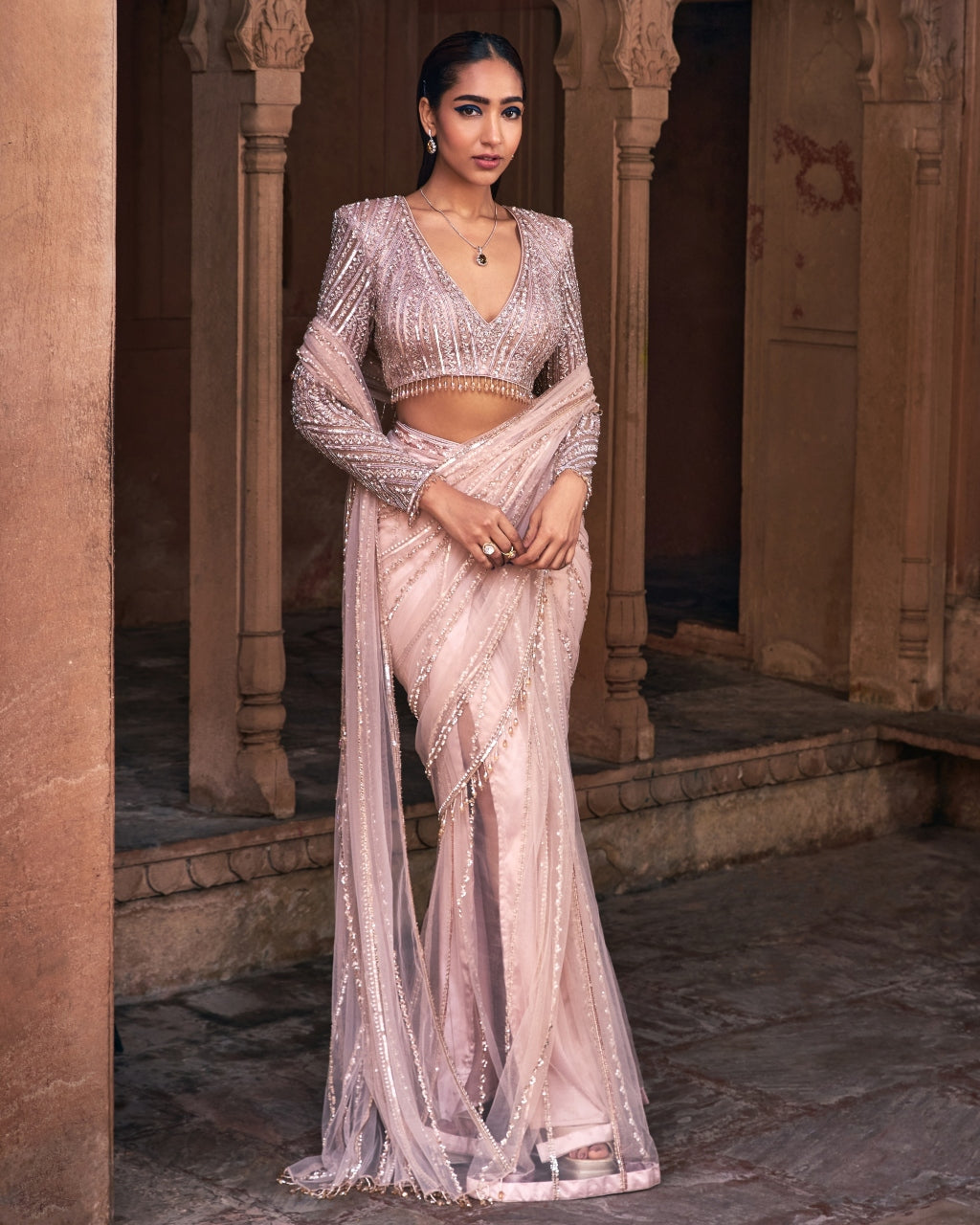 Magus Rose Gold Embroidered Sari Set