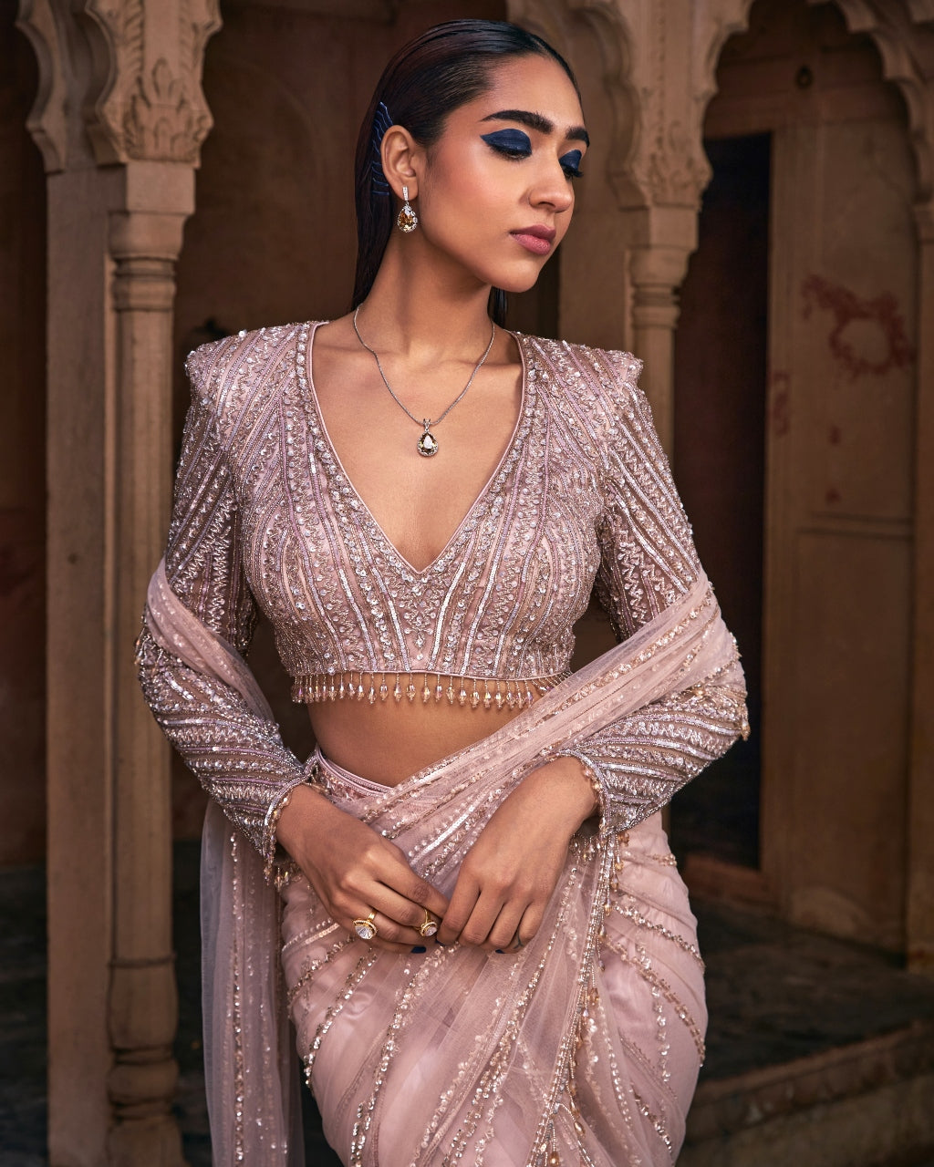 Magus Rose Gold Embroidered Sari Set