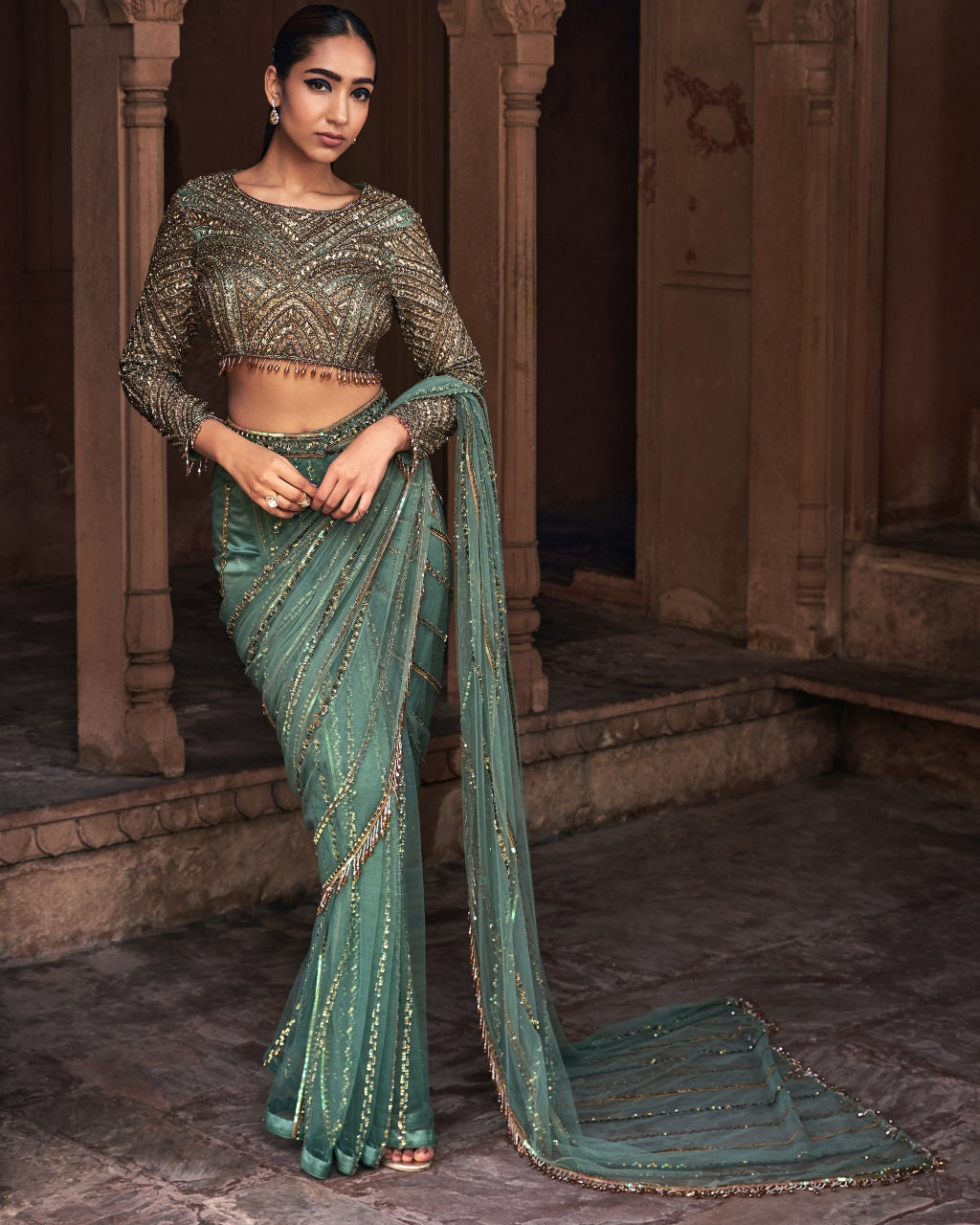 Esmeralda Sage Green Embroidered Sari Set