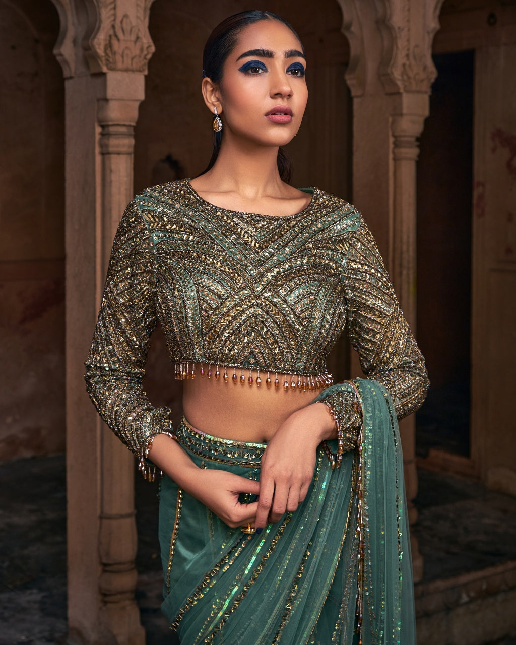 Esmeralda Sage Green Embroidered Sari Set