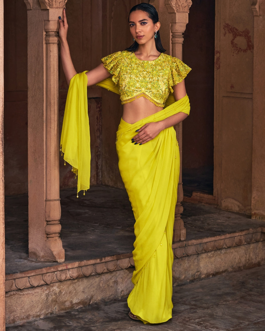 Raya Yellow Embroidered Sari Set