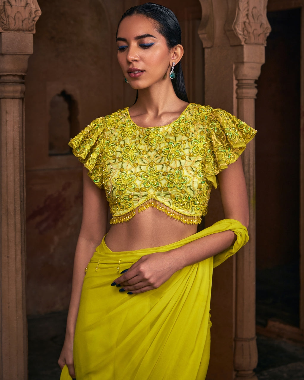 Raya Yellow Embroidered Sari Set