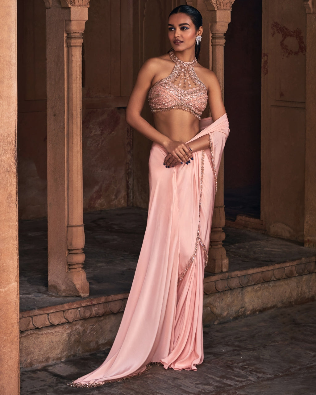 Jasime Champagne Gold Embroidered Sari Set