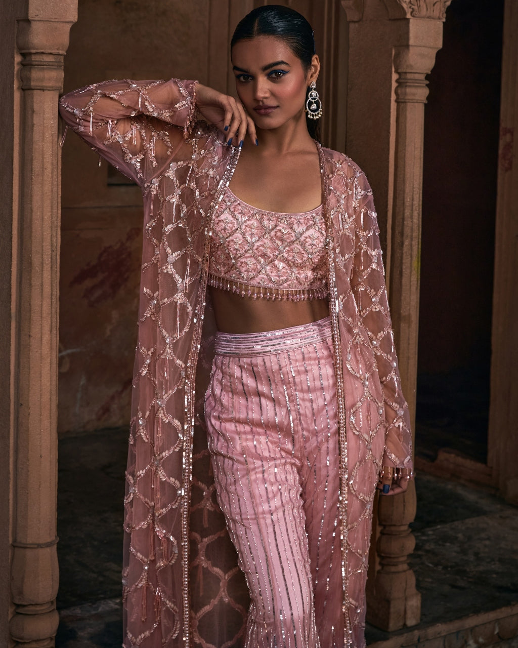 Onion Pink Full Embroidered Long Jacket Crop Top Set