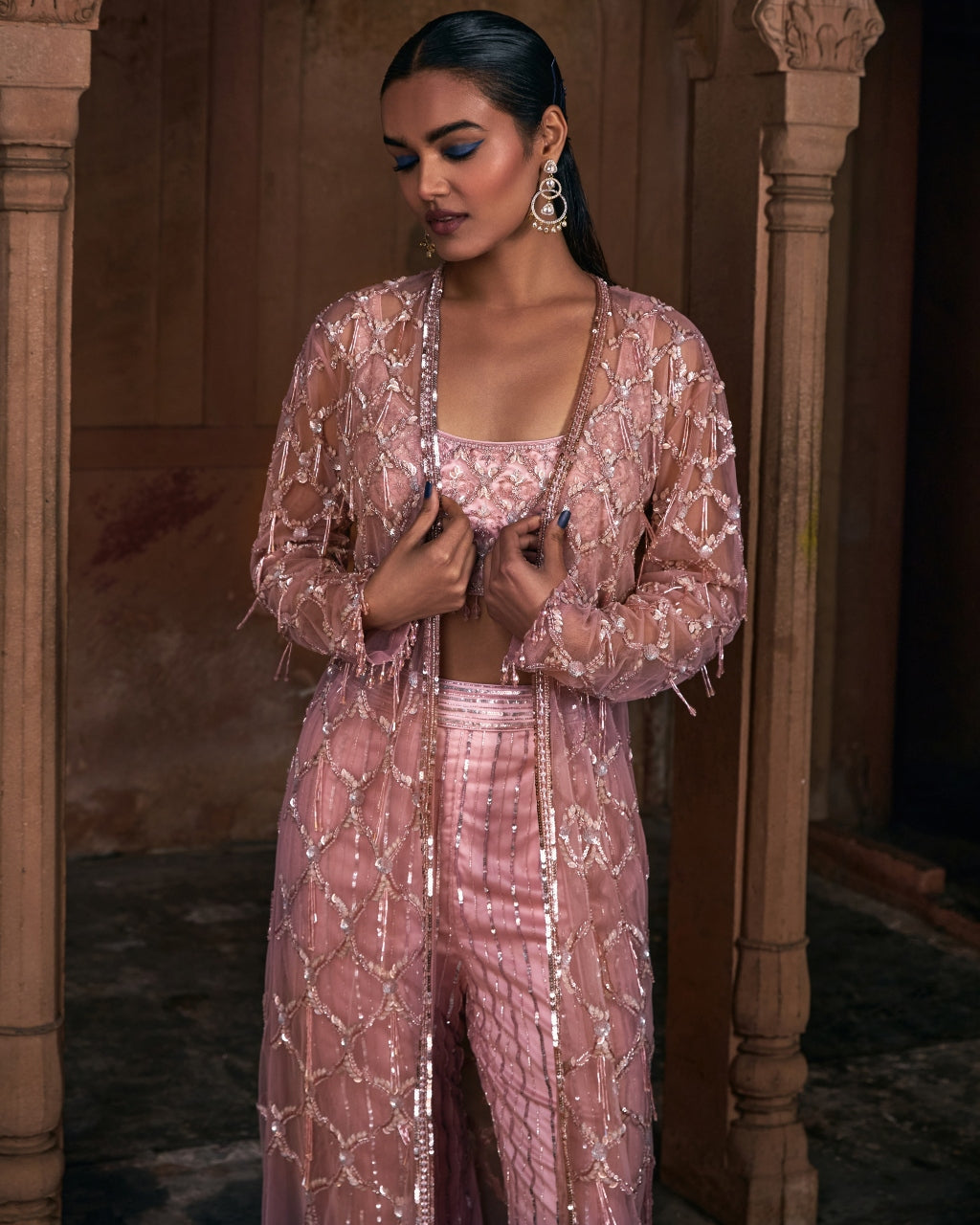 Onion Pink Full Embroidered Long Jacket Crop Top Set