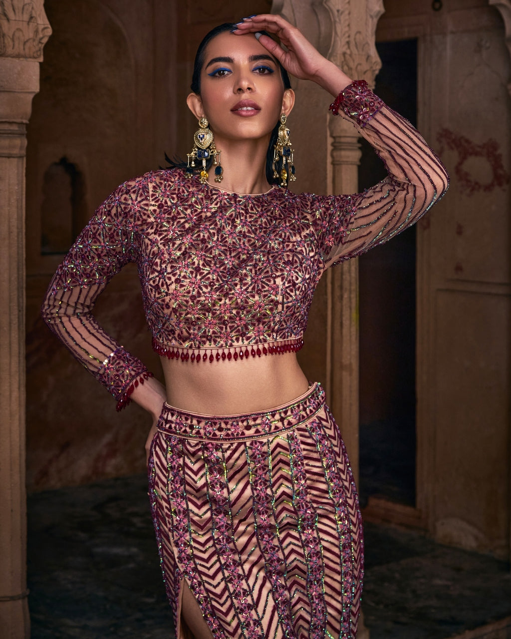 Pheobe Maroon Embroidered Crop Top Skirt Set