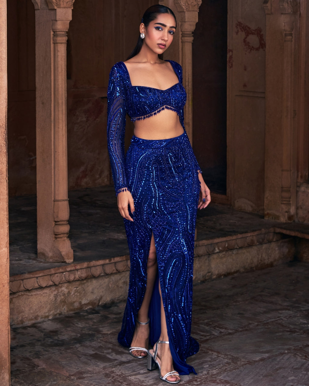 Mulan Electric Blue Embroidered Crop Top Skirt Set