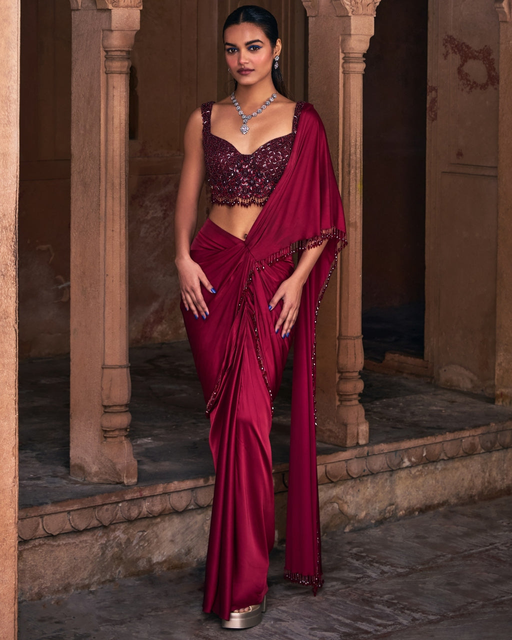 Eliza Maroon Embroidered Sari Set
