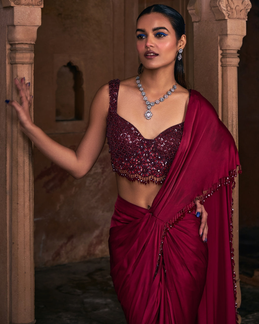 Eliza Maroon Embroidered Sari Set