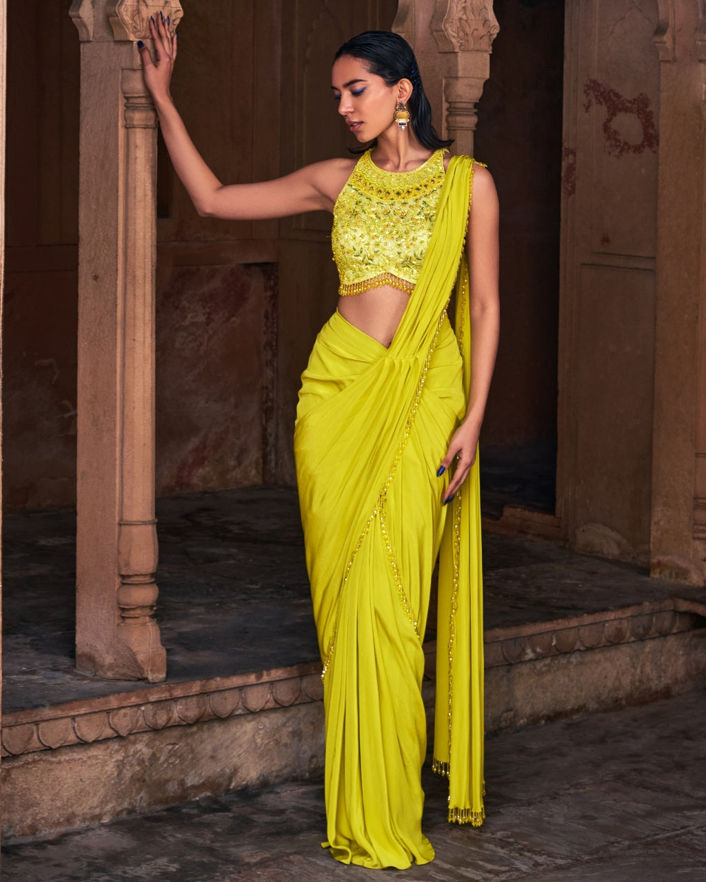 Anna Yellow Embroidered Sari Set
