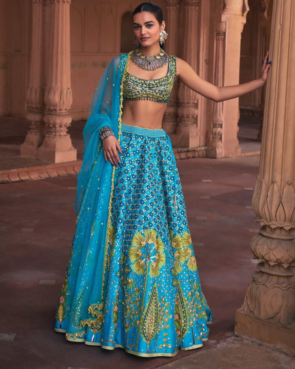 Turquoise Floral Print and Embroidered Lehenga Set