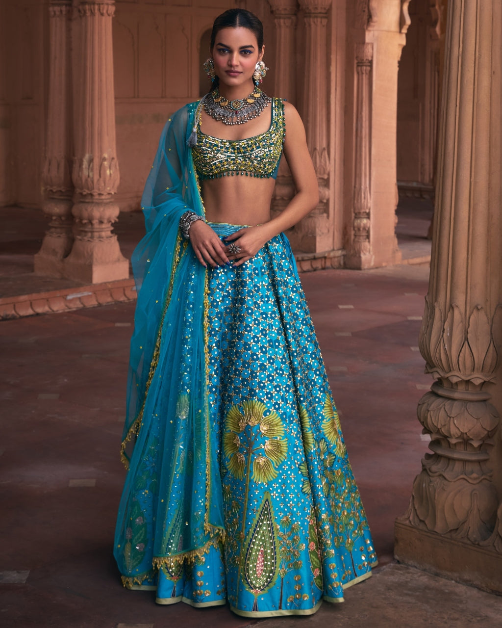 Turquoise Floral Print and Embroidered Lehenga Set