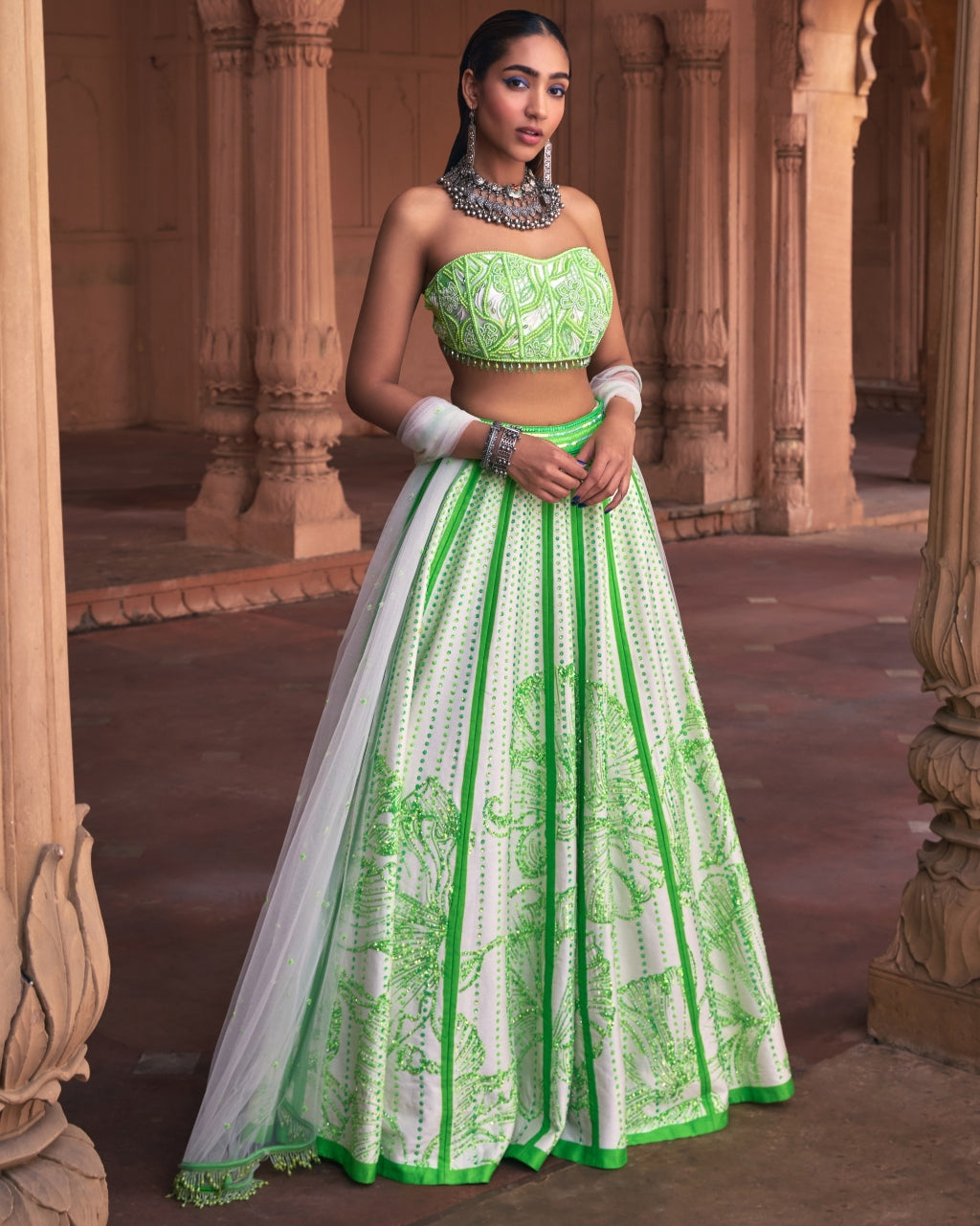 Neon Big Floral Print and Embroidered Lehenga Set