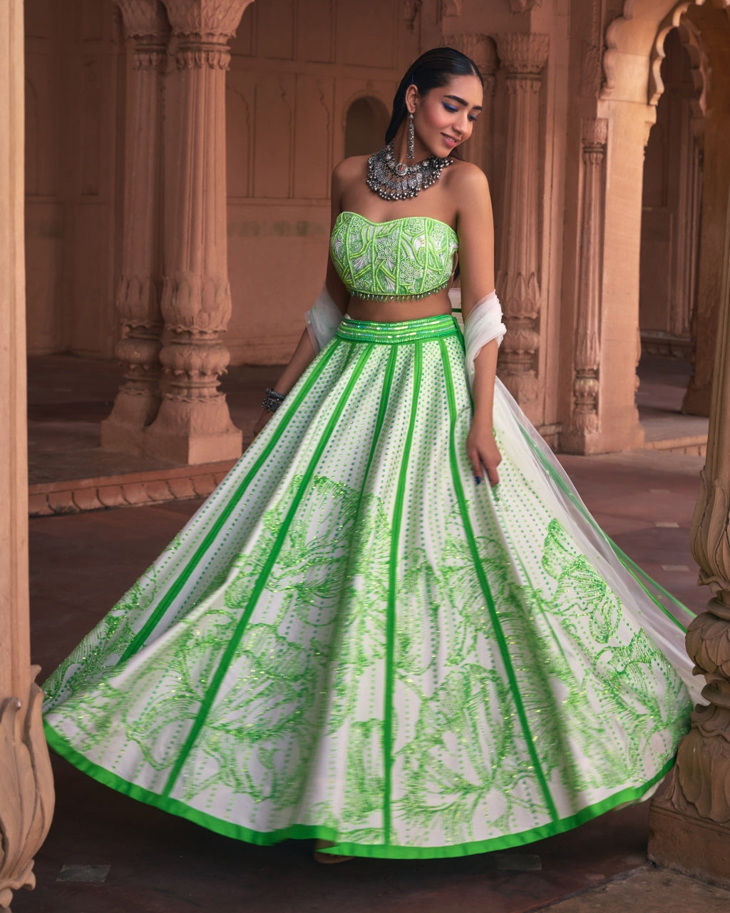 Neon Big Floral Print and Embroidered Lehenga Set