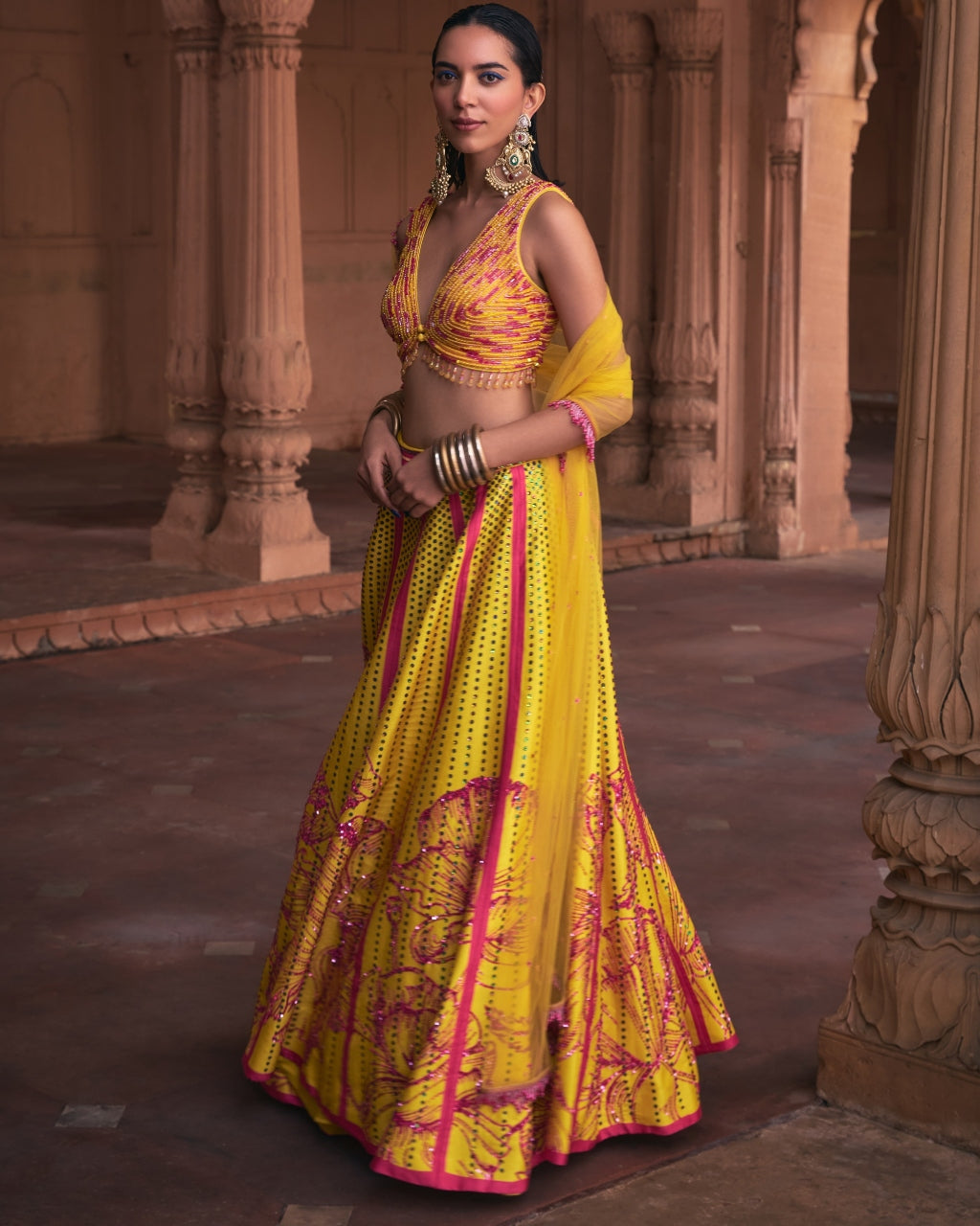 Yellow Big Floral Print and Embroidered Lehenga Set