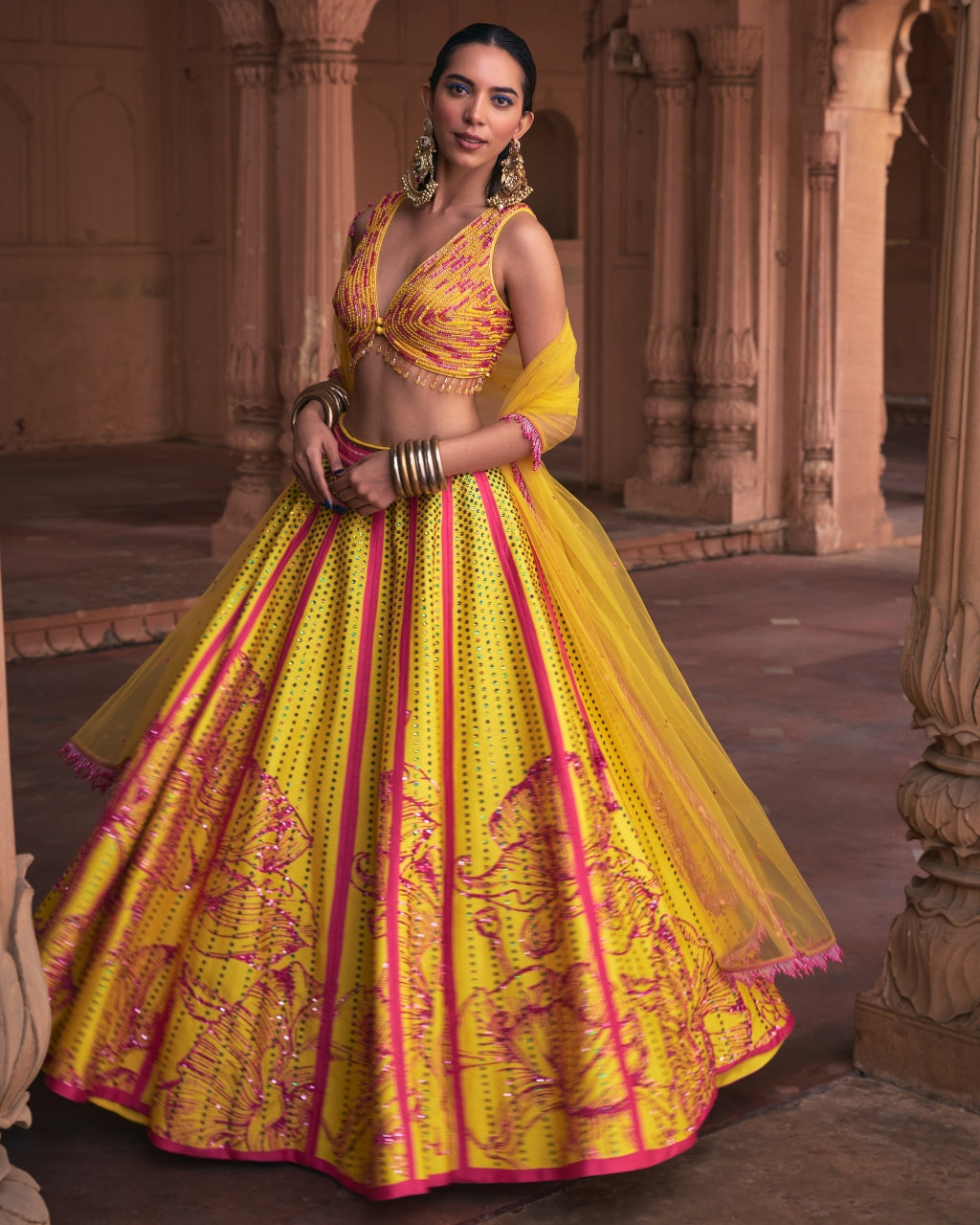 Yellow Big Floral Print and Embroidered Lehenga Set