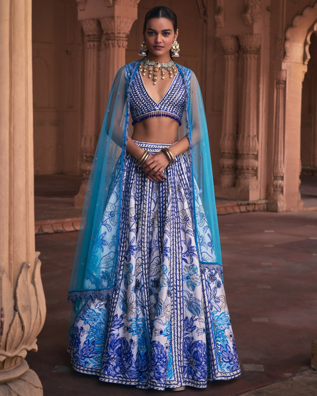 Indigo Blue Floral Frame Print and Embroidered Lehenga Set